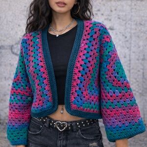 Multicolor Crochet Women's  Cropped Hexi Cardigan Sweater